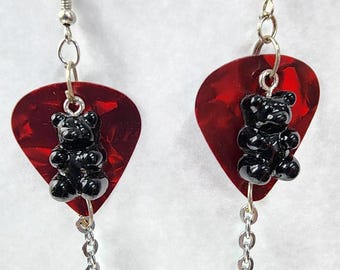 black gummy bear charm red guitar pick earrings dangles handmade music goth jewelry