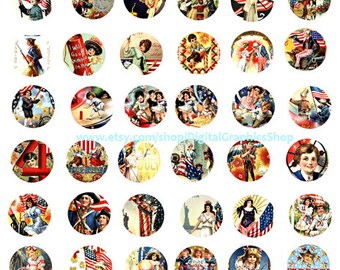 patriotic art, vintage americana, USA Flag, clipart, digital collage sheet, instant downloads, 1" inch circles, 4th of july printables