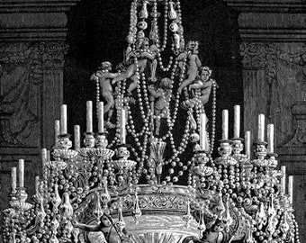 antique angels crystal chandelier lamp light printable vintage art print jpg png download digital image graphics black & white illustration