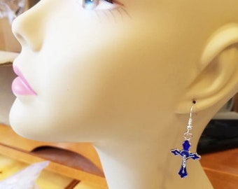 blue enamel cross crucifix earrings, metal charm dangles religious jewelry