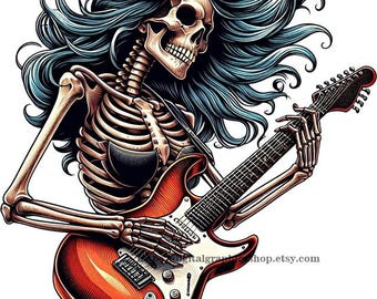 creepy skeleton rocker chick playing guitar png horror art printable Fantasy dark art music color illustration digital print goth download