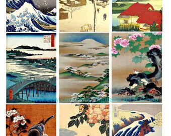 vintage japanese watercolor aceo art, landscapes, waterfall, flowers, digital clipart collage sheet, 2.5" x 3.5" instant download printable