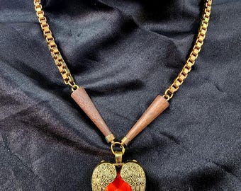 heart Angel wings pendant necklace red gem square gold chain love romance vintage look jewelry