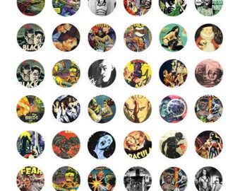 creatures, monsters, horror art digital collage sheet, 1" inch circles, instant downloads, images printables