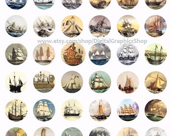 vintage paintings, sailing ships, boats, ocean, printable art, clipart, instant download, digital collage sheet, 1 inch circles,