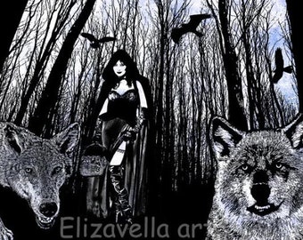 witch in dark forest wolf pack original art 8x10 inch semi gloss fantasy fairytale dark silhouette art print