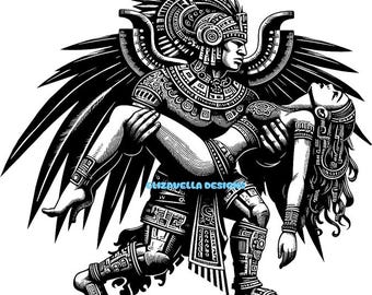 aztec warrior angel man holding woman png , aztec princess jpg illustration printable Mexican indian art, mexico people digital download,