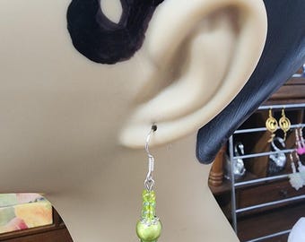 green bead drop earrings long dangles dice bead handmade beaded casino jewelry