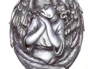 ORIGINAL angel girl drawing pen ink  fantasy religious art illustration