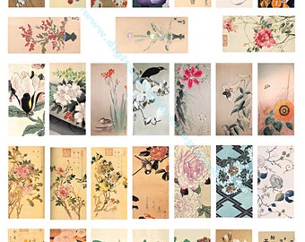 vintage flowers watercolor paintings, clipart, digital print, instant download, domino collage sheet, 1" x 2" inch images, printables