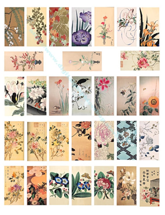 vintage flowers watercolor paintings, clipart, digital print, instant download, domino collage sheet, 1" x 2" inch images, printables
