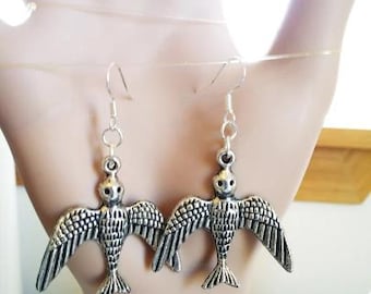 silver pewter starling birds earrings metal dangles handmade animal jewelry