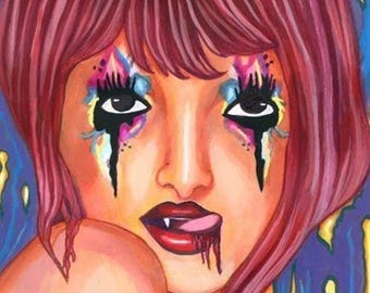 Vampire rave girl painting original art womans face modern horror artwork By Elizavella