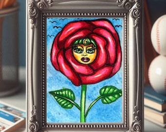 red rose with a face originL ACEO drawing original atc art fantasy fairytale miniature art