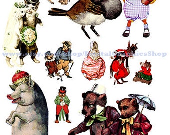 animals acting like people, clipart, digital print, instant download, collage sheet, anthropomorphic, die cuts, cut outs