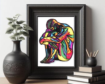 Nude muscle Man abstract original art, abstract man DRAWING, nude male figure, markers ink colorful naked man artwork, Elizavella