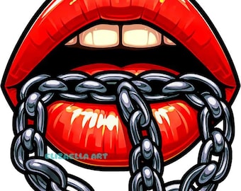womans red lips with silver chain png Womans mouth png clipart jpg printable makeup wall art digital instant download