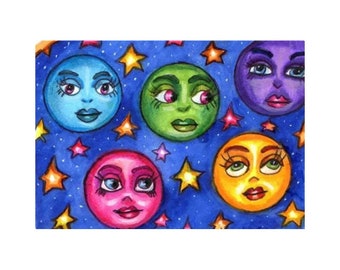 moon faces, original aceo card art, markers drawings, watercolors, celestial, fantasy artwork, mixed media