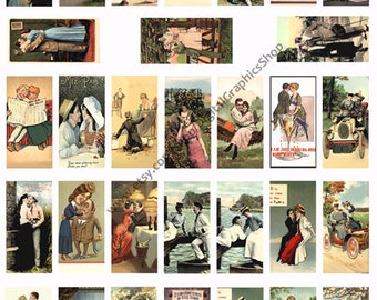 couples, lovers romance, vintage postcards printables, digital collage sheet, 1" x 2" dominos, clipart, instant download, victorian images,