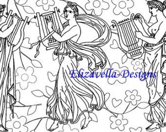 dancing goddess, music, fantasy coloring page, printable art, digital print, instant download, mythology, line art