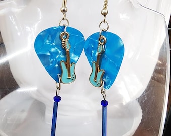 enamel guitar charm earrings blue guitar picks glass bead drop dangles handmade music jewelry
