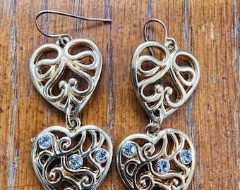 gold filigree heart rhinestone earrings charm dangles metal jewelry vintage style