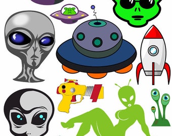 space aliens grays ufos digital collage sheet printable art space ship clipart instant download scrapbook journals cards tags craft papers