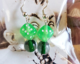 green dice bead drop earrings dangles acrylic glass casino gambling handmade jewelry