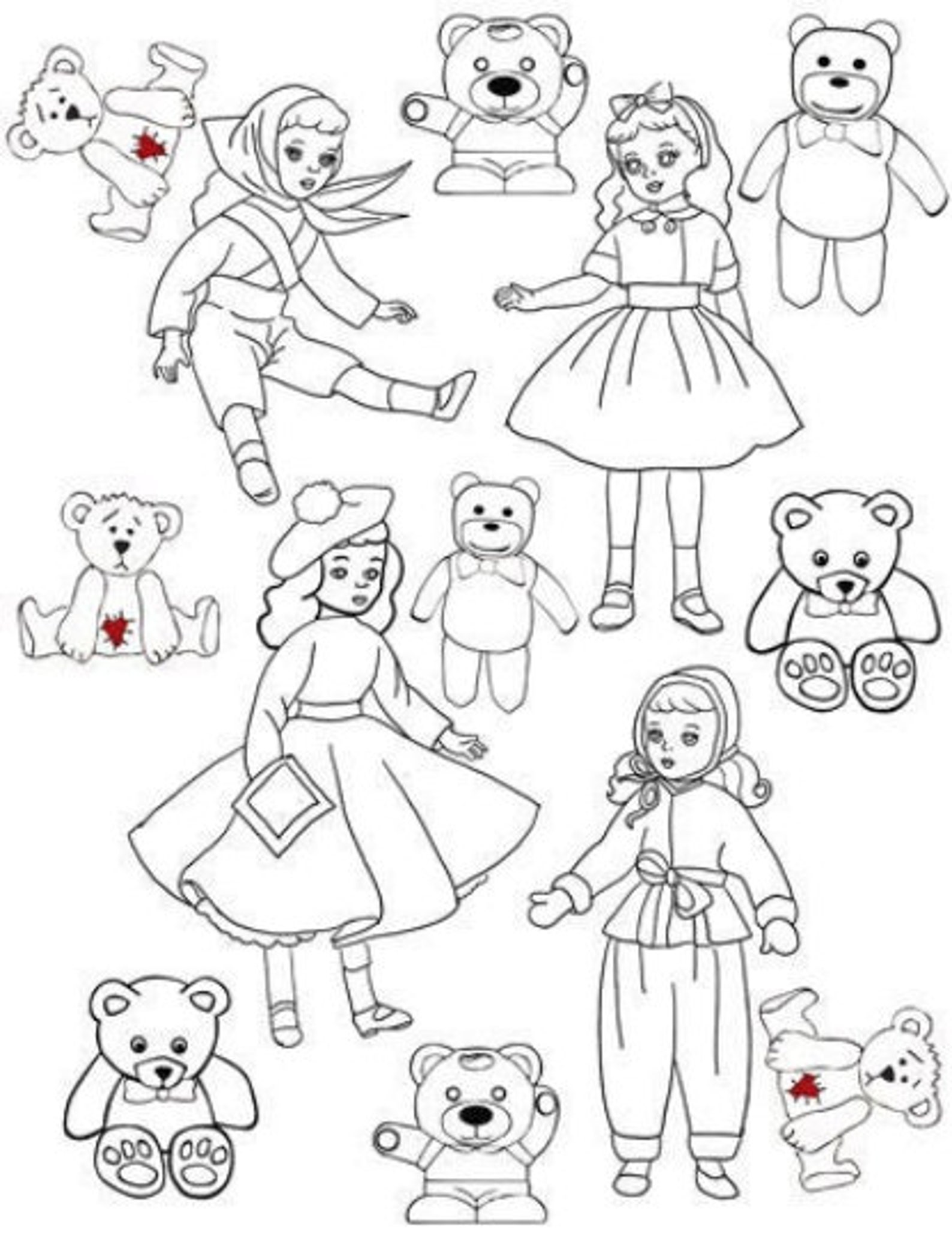 Printable coloring page digital download dolls teddy bears | Etsy