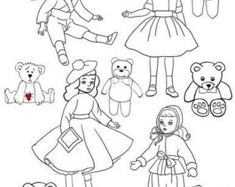 printable coloring page digital download dolls teddy bears toys line art graphics downloadable