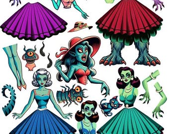 monster women paper dolls digital download crafts printable cut outs