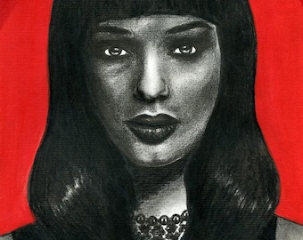exotic vampire womans face portrait original art pencil drawing