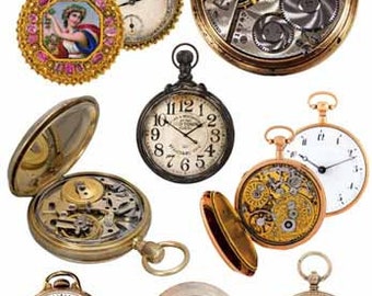 steampunk pocket watches clipart collage sheet instant download digital prints, printable vintage, watch faces die cuts, junk journals