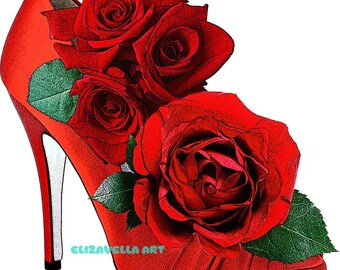 printable fashion image, red rose flowers, high heel shoe art, clipart png, instant download, digital print,