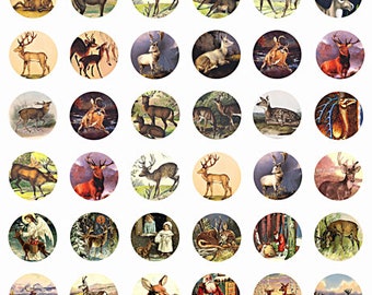 vintage deer art collage sheet 1 inch circles buck doe wildlife animals  clipart digital download bottle cap printables