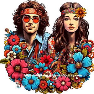 1960s hippie Mann und Frau png Clipart, Liebespaar png jpg druckbare Kunst digitaler Download