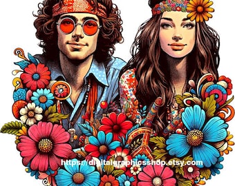 1960s hippie man and woman png clipart, couple lovers png jpg printable art digital download