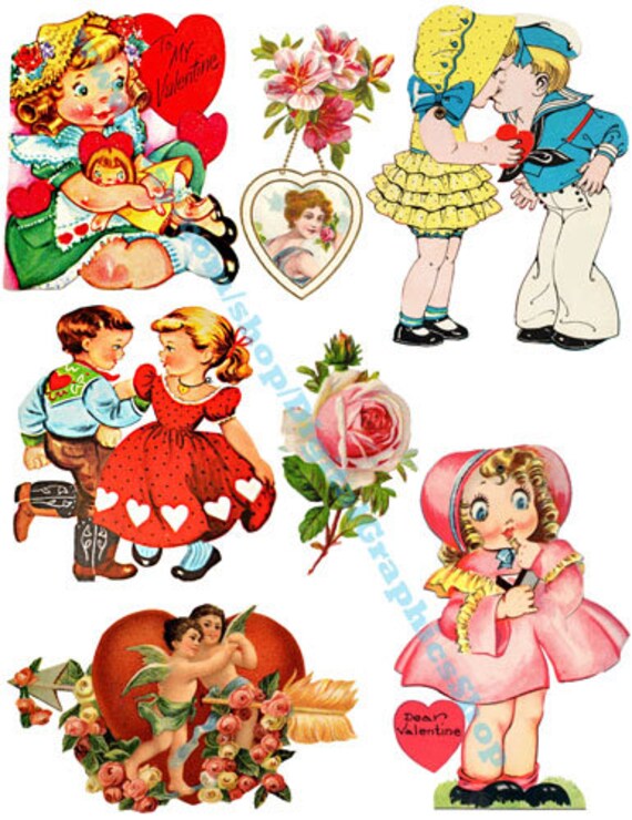 Vintage Valentines, die cuts, love hearts clipart, digital instant download, craft printables, collage sheet, images to print
