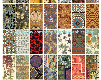 vintage textiles art, fabrics patterns, clipart, instant download, domino collage sheet, 1" x 2" images, digital prints, printable