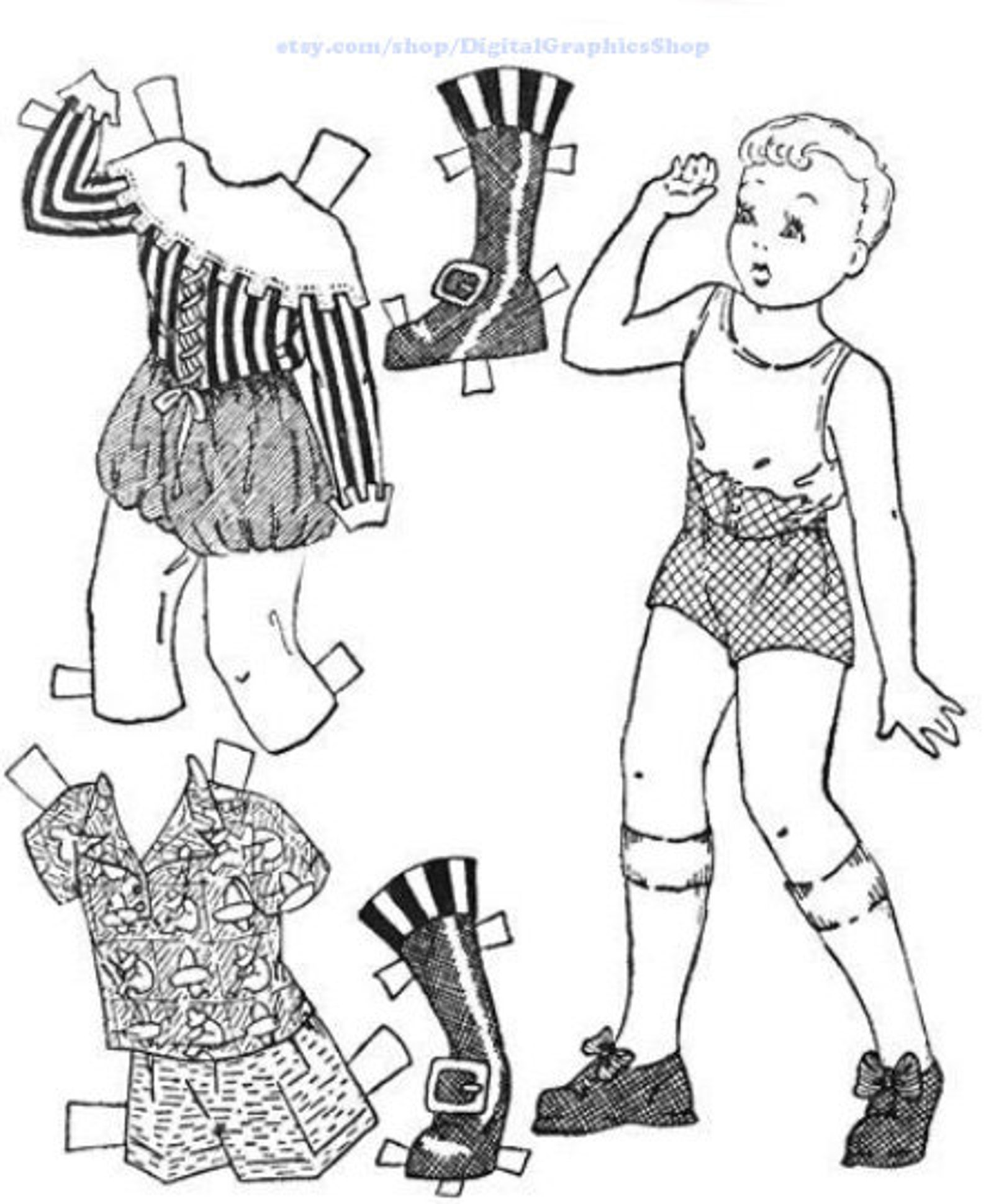 Boy paper doll coloring page printable clipart digital | Etsy