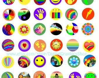 60s 80s colorful rainbow icons, collage sheet, clipart, digital collage sheet, instant download, 1 inch circles, printables