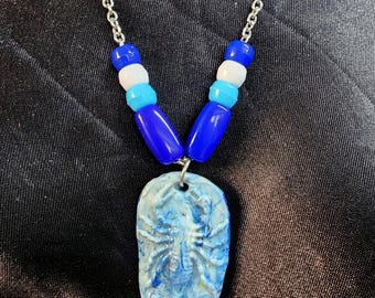 blue handmade clay scorpion pendant necklace beads  silver tone chain handmade scorpio jewelry