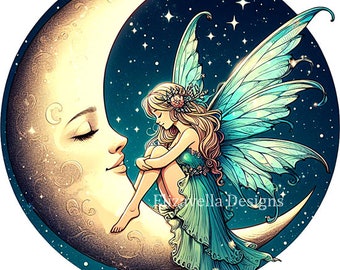 fairy sitting on half moon png, moon face png, printable fairy art , fairies clipart, instant download, digital print