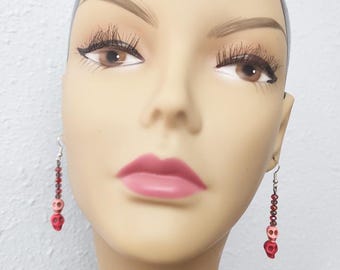 pink and red sugar skull earrings skull bead drops long glass bead dangles day of the dead handmade jewelry