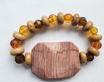 natural jewelry, brown stone bracelet, beaded, stretch bracelet, plastic wood beads, handmade boho jewelry