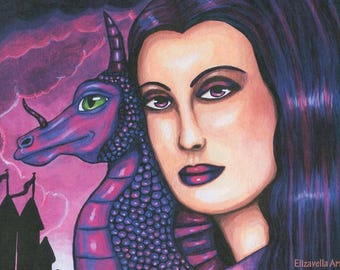 Purple Mother Of dragons original art painting fantasy fairytale print By Elizavella