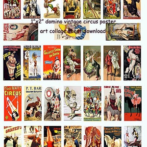 vintage carnival poster art, clowns, circus freaks, animals, acrobats, clipart, 1&quot; x 2&quot; dominos digital collage sheet, instant download