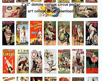 vintage carnival poster art, clowns, circus freaks, animals, acrobats, clipart, 1" x 2" dominos digital collage sheet, instant download