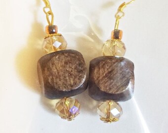 large brown bead drop earrings long dangles wood glass beaded chunky boho jewelry