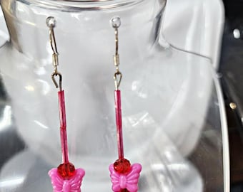 pink Butterfly red bead drop earrings handmade jewelry